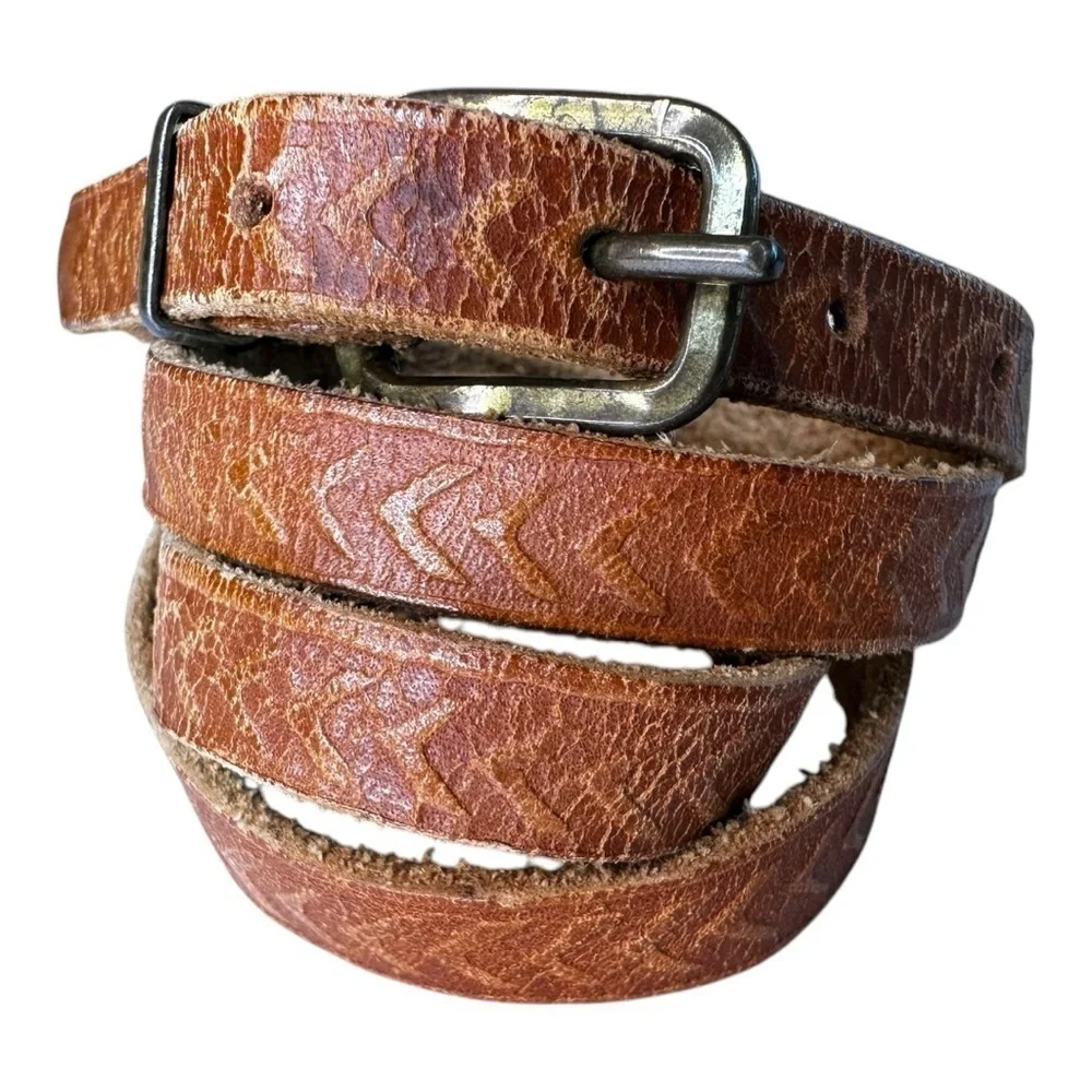 Vintage Skinny Tan Leather Embossed Chevron Pattern Belt
